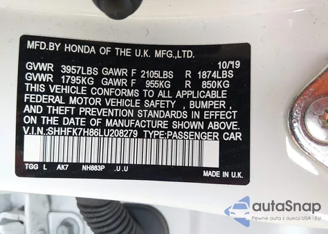 2020 Honda Civic Ex-L z USA, uszkodzony, nr VIN SHHFK7H86LU208279